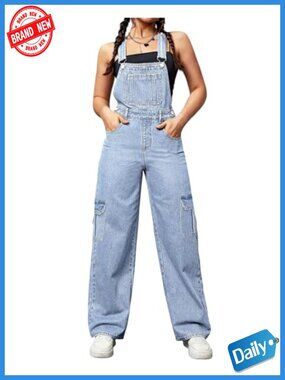 Women's Denim Bib Overalls Wide Leg Adjustable Strap Jumpsuit